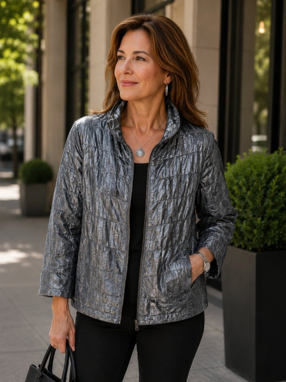 Ruby Rd. Womens Textured 3/4 Sleeve Full Zip Jacket Size 16 Silver Pockets